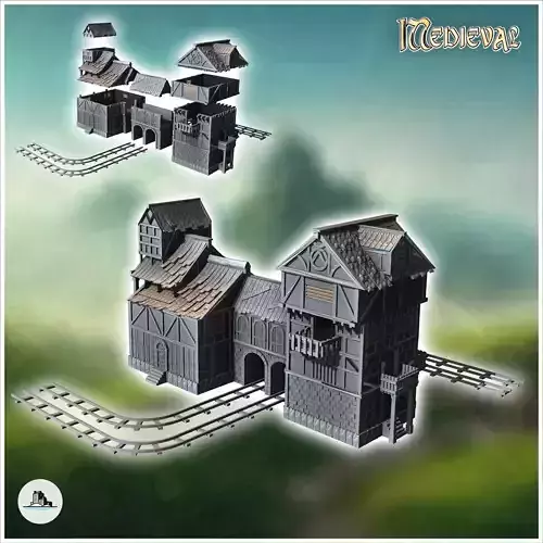 Medieval mine building with double central arch and rails for wa