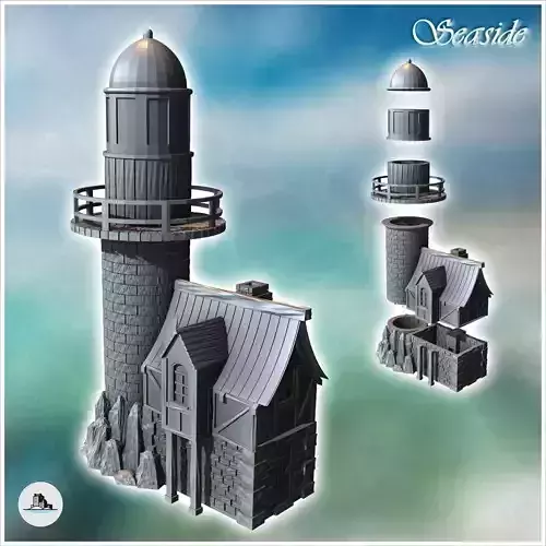 Medieval lighthouse on rock with annex building and large dome 1