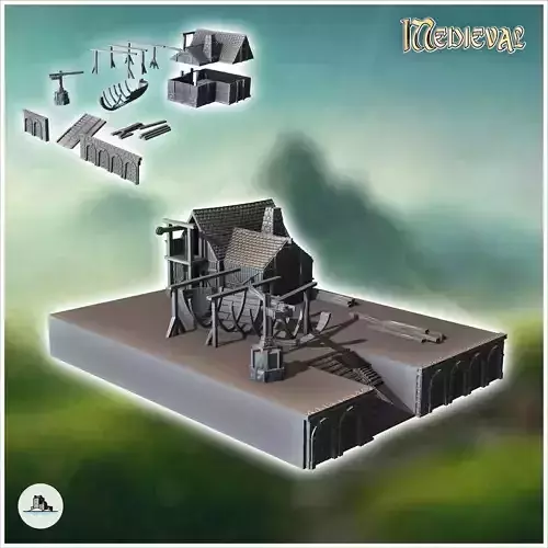 Medieval shipbuilding workshop with wooden boat parts under cons