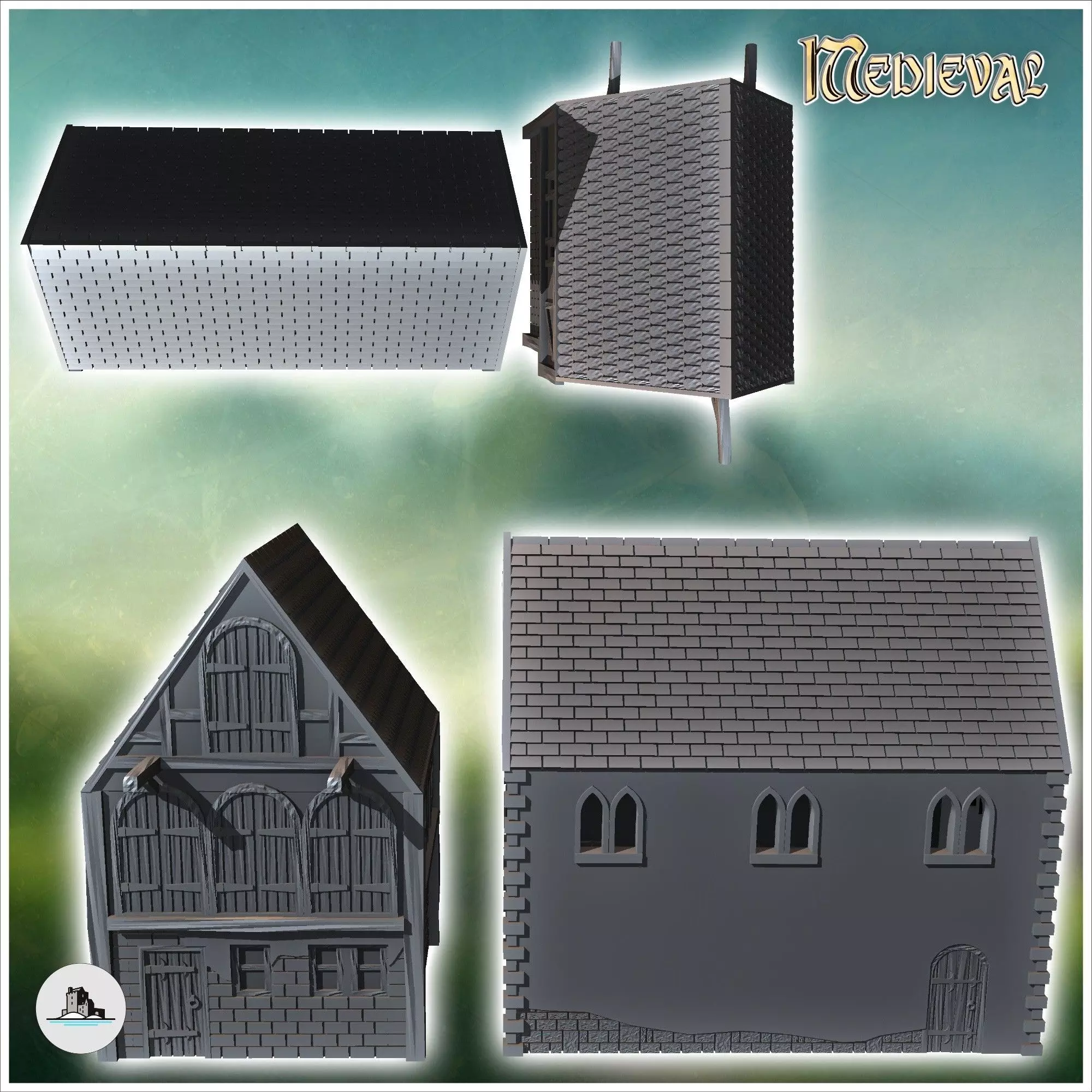 Set of two medieval warehouses with large wooden doors slate roo 3D print model_3