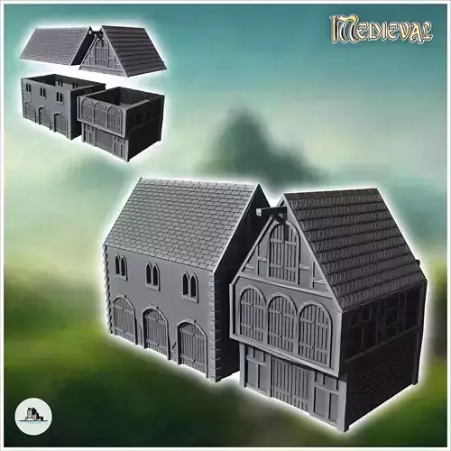 Set of two medieval warehouses with large wooden doors slate roo