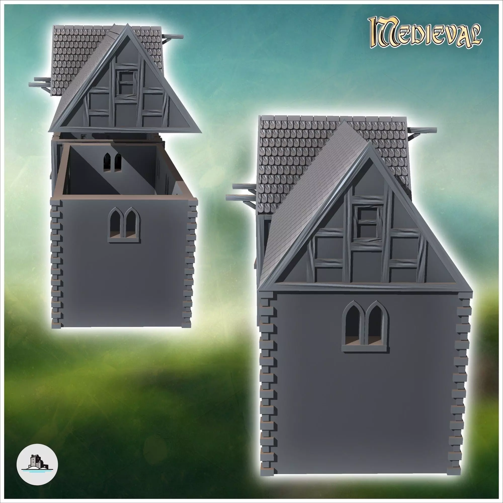 Set of two medieval warehouses with large wooden doors slate roo 3D print model_2