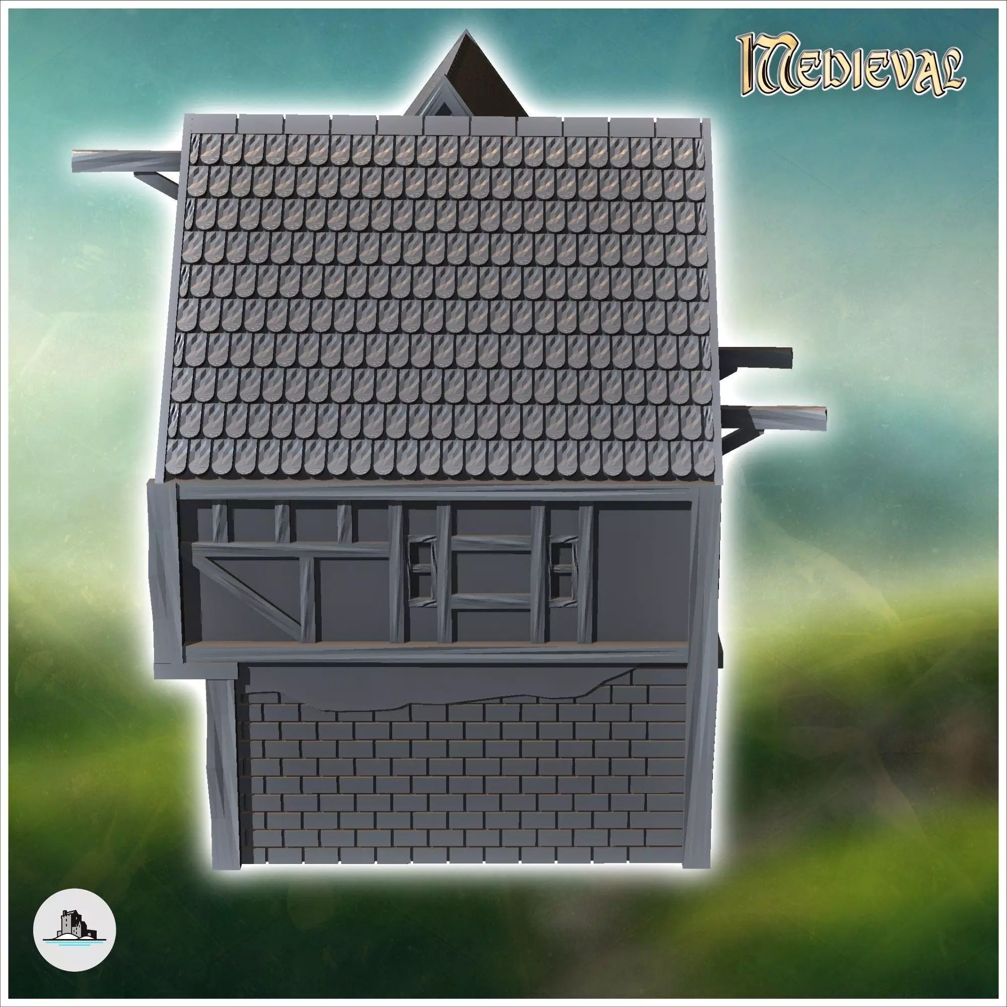 Set of two medieval warehouses with large wooden doors slate roo 3D print model_4