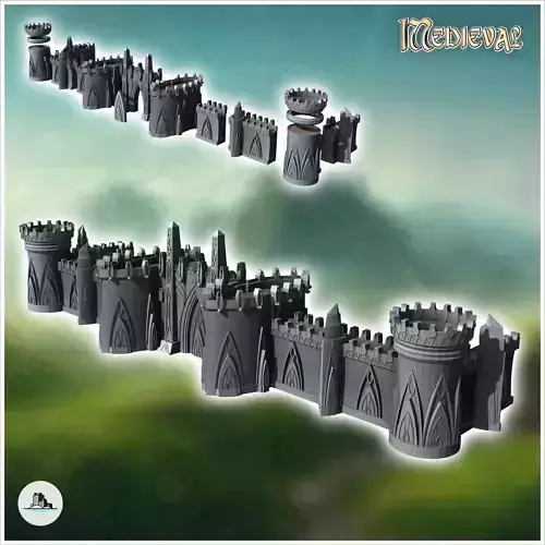Modular Elf Great Wall with Battlement Towers 22 - Medieval Fant
