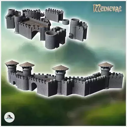 Set of modular stone medieval walls with roof towers 23 - Mediev