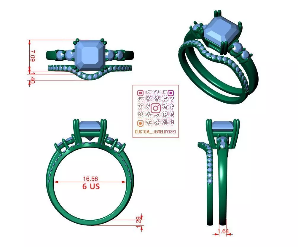 Asscher Engagement Ring 3D print model_6