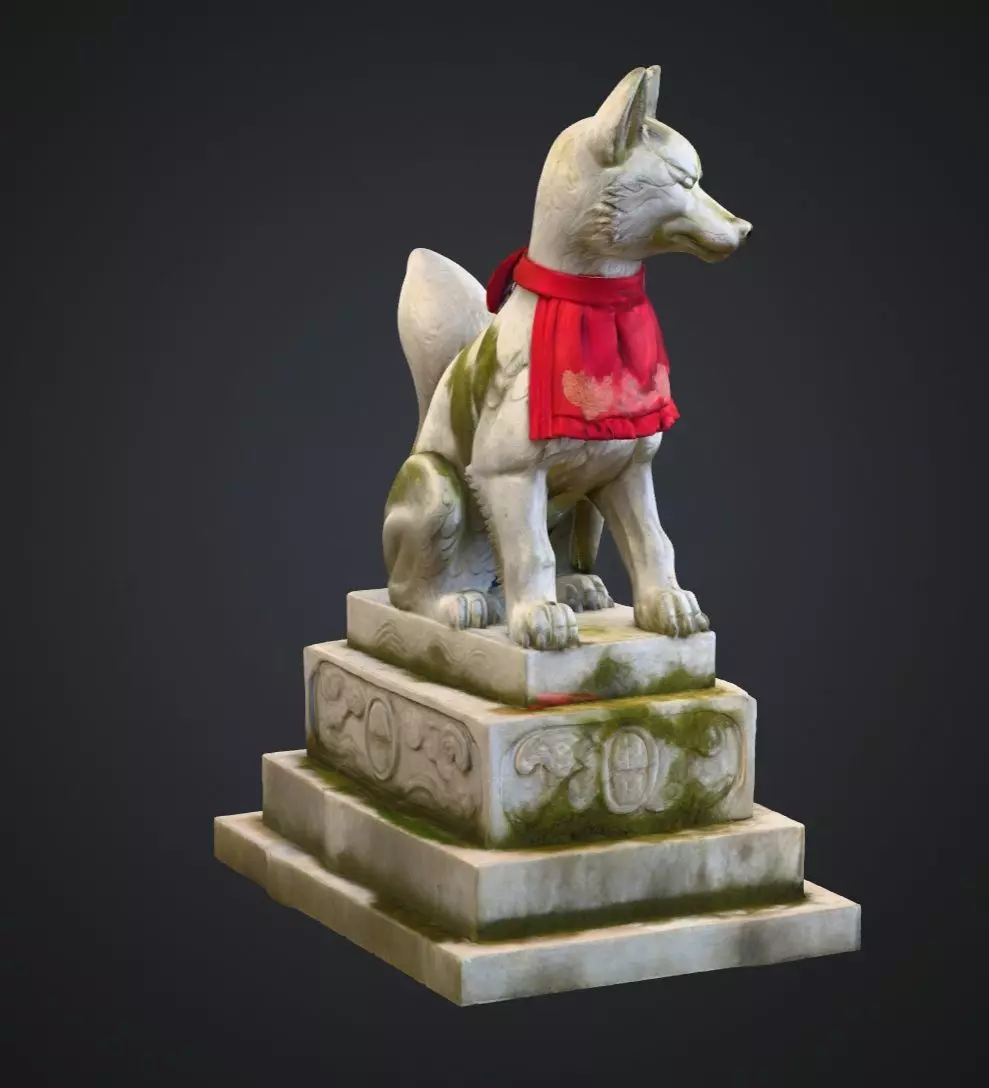 Realistic Japanese Inari Fox Guardian Statue 3D Mode 3D model_7