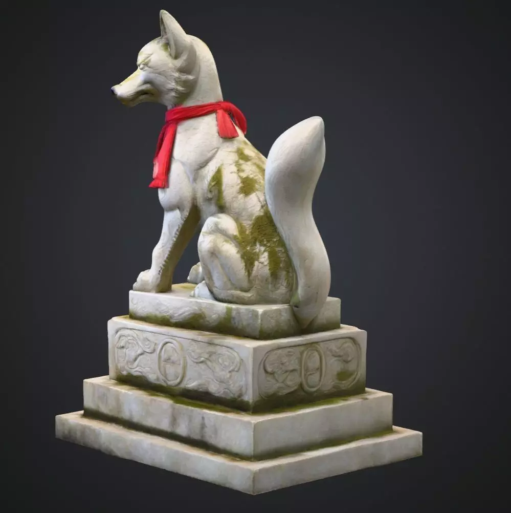 Realistic Japanese Inari Fox Guardian Statue 3D Mode 3D model_3