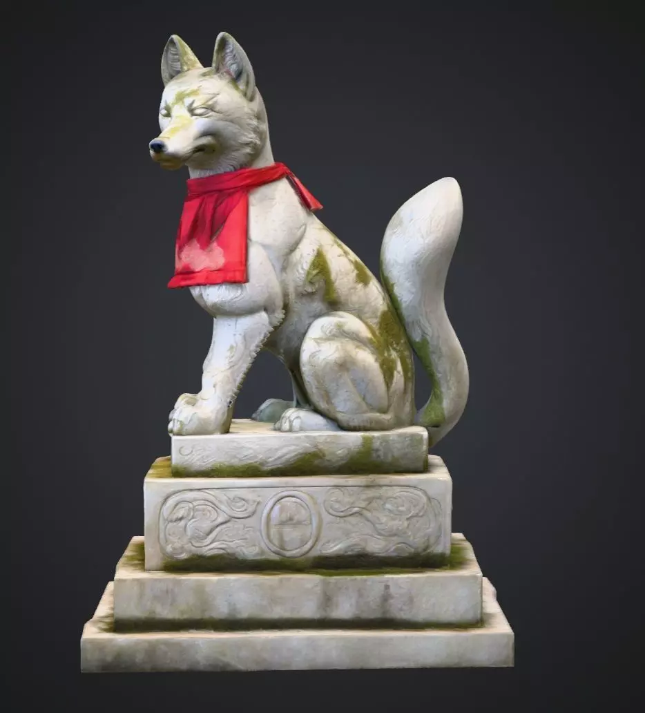 Realistic Japanese Inari Fox Guardian Statue 3D Mode 3D model_2