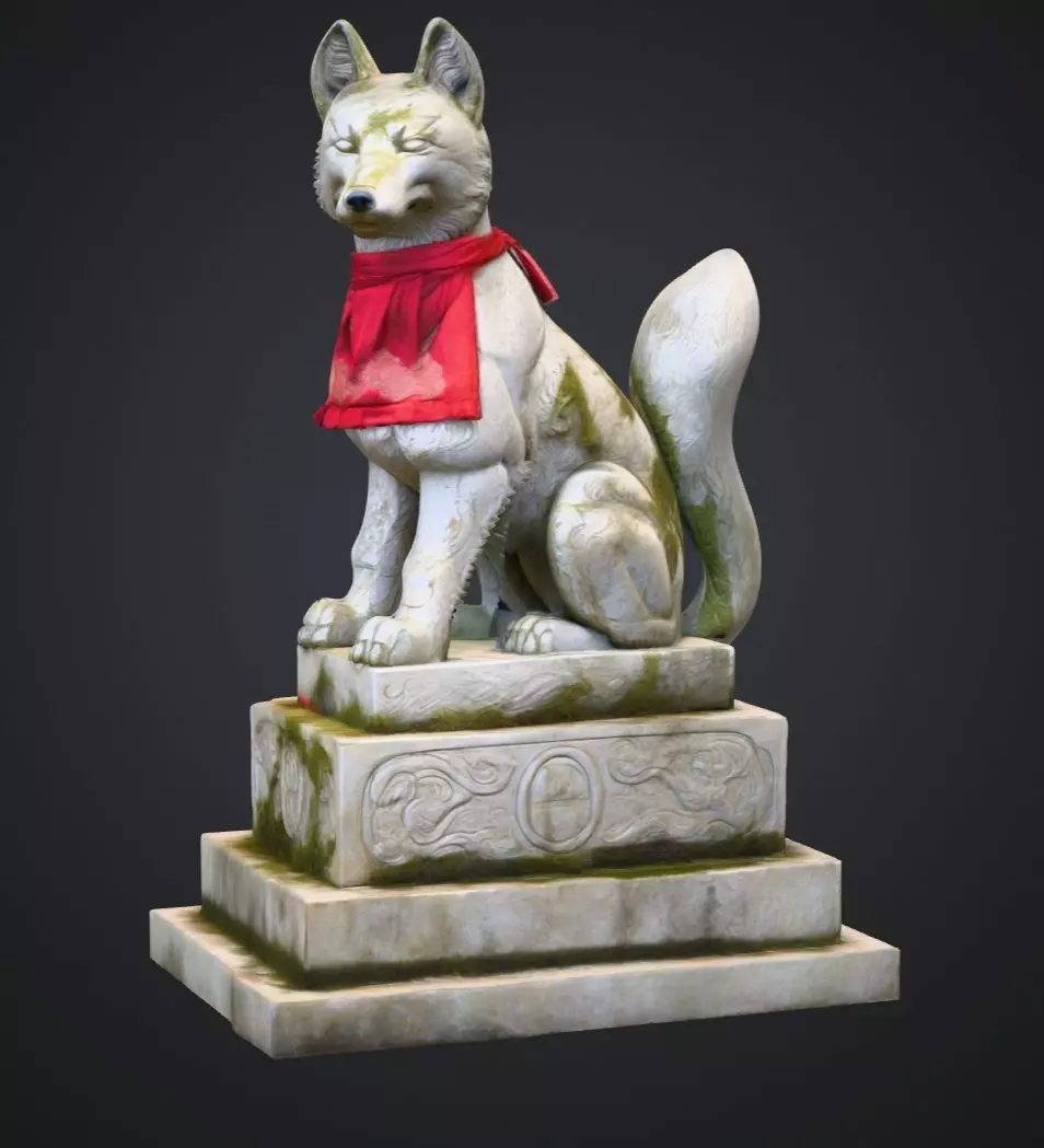 Realistic Japanese Inari Fox Guardian Statue 3D Mode 3D model_0