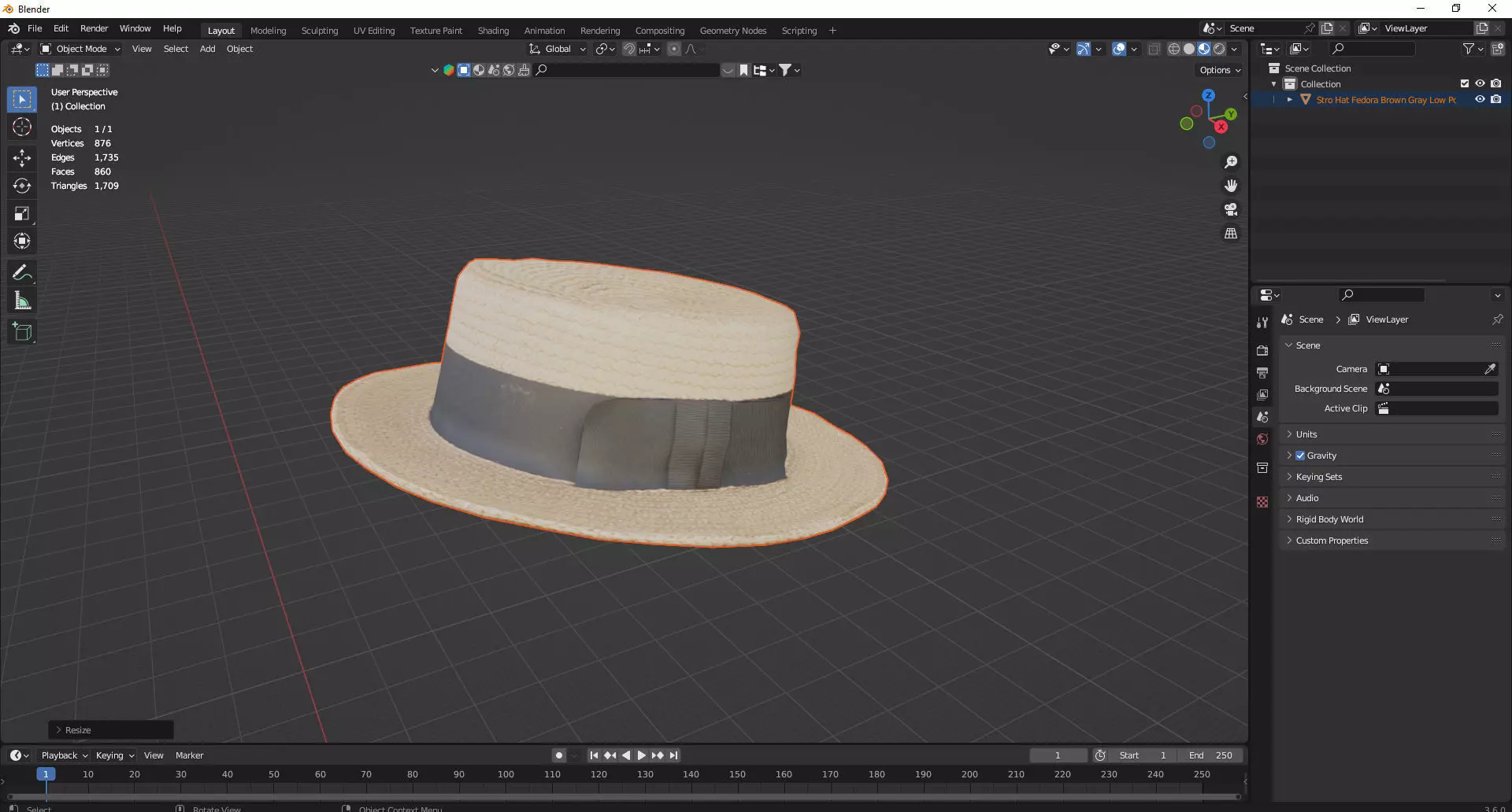 Stro Hat Fedora Brown Gray Low Poly 3D Model Low-poly 3D model_7