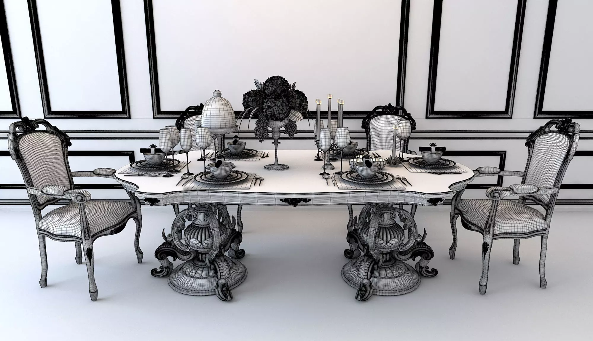 Classic European style Dining Table and Chairs 3D model_8