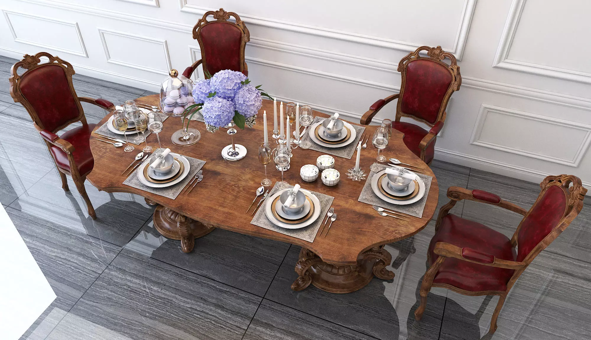 Classic European style Dining Table and Chairs 3D model_5