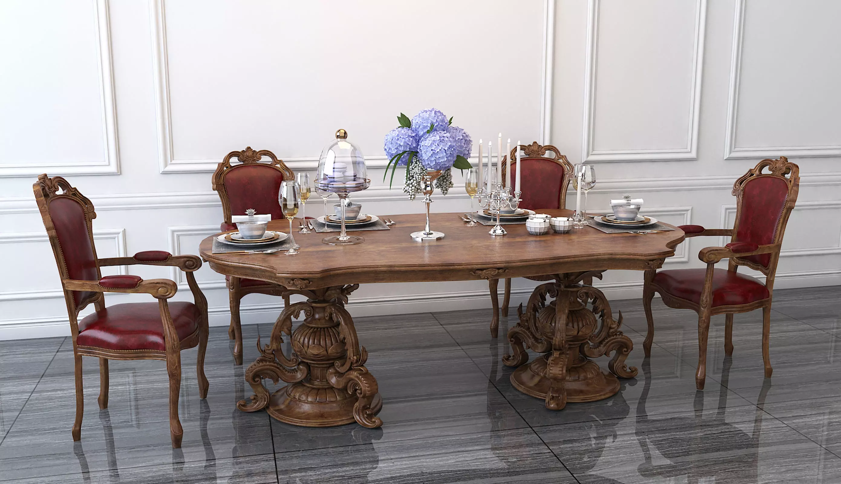 Classic European style Dining Table and Chairs 3D model_0