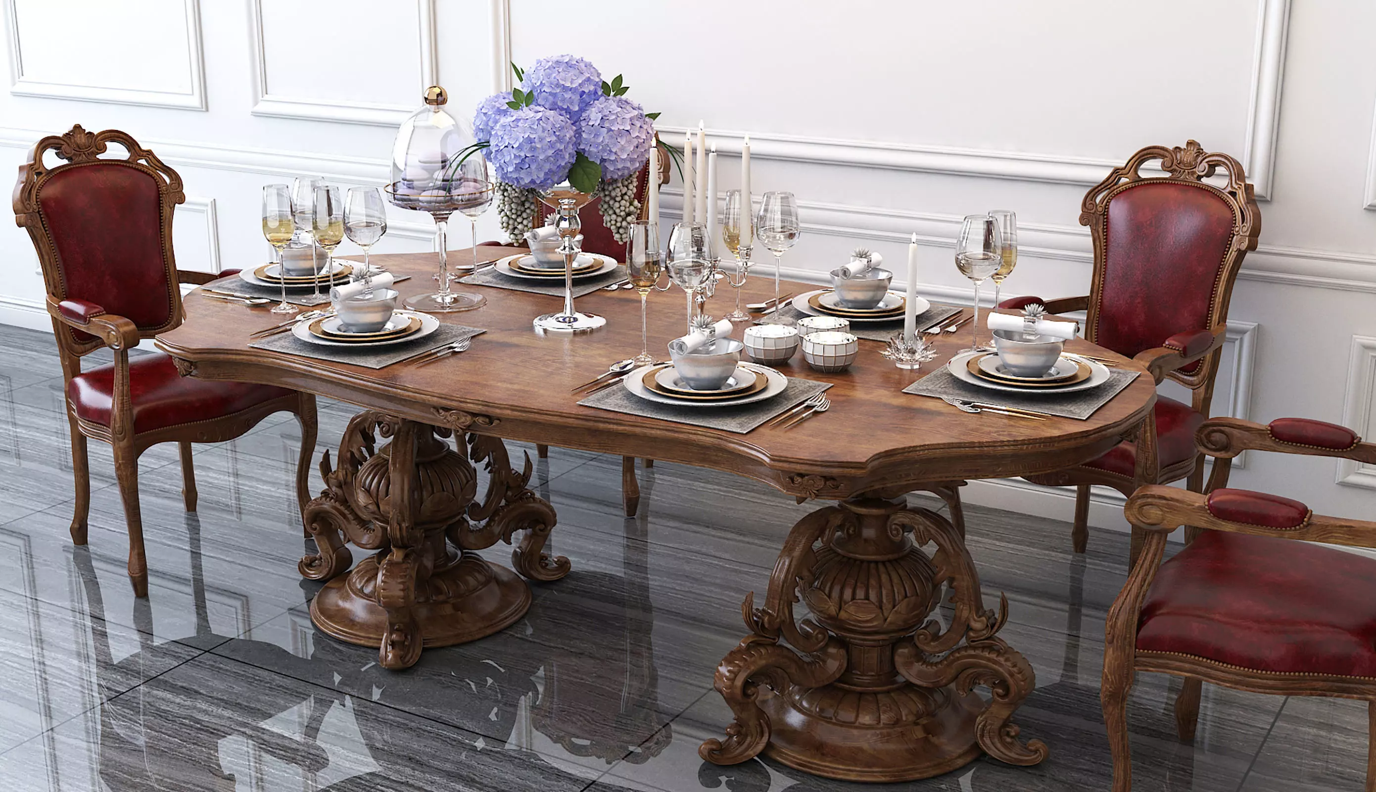 Classic European style Dining Table and Chairs 3D model_1