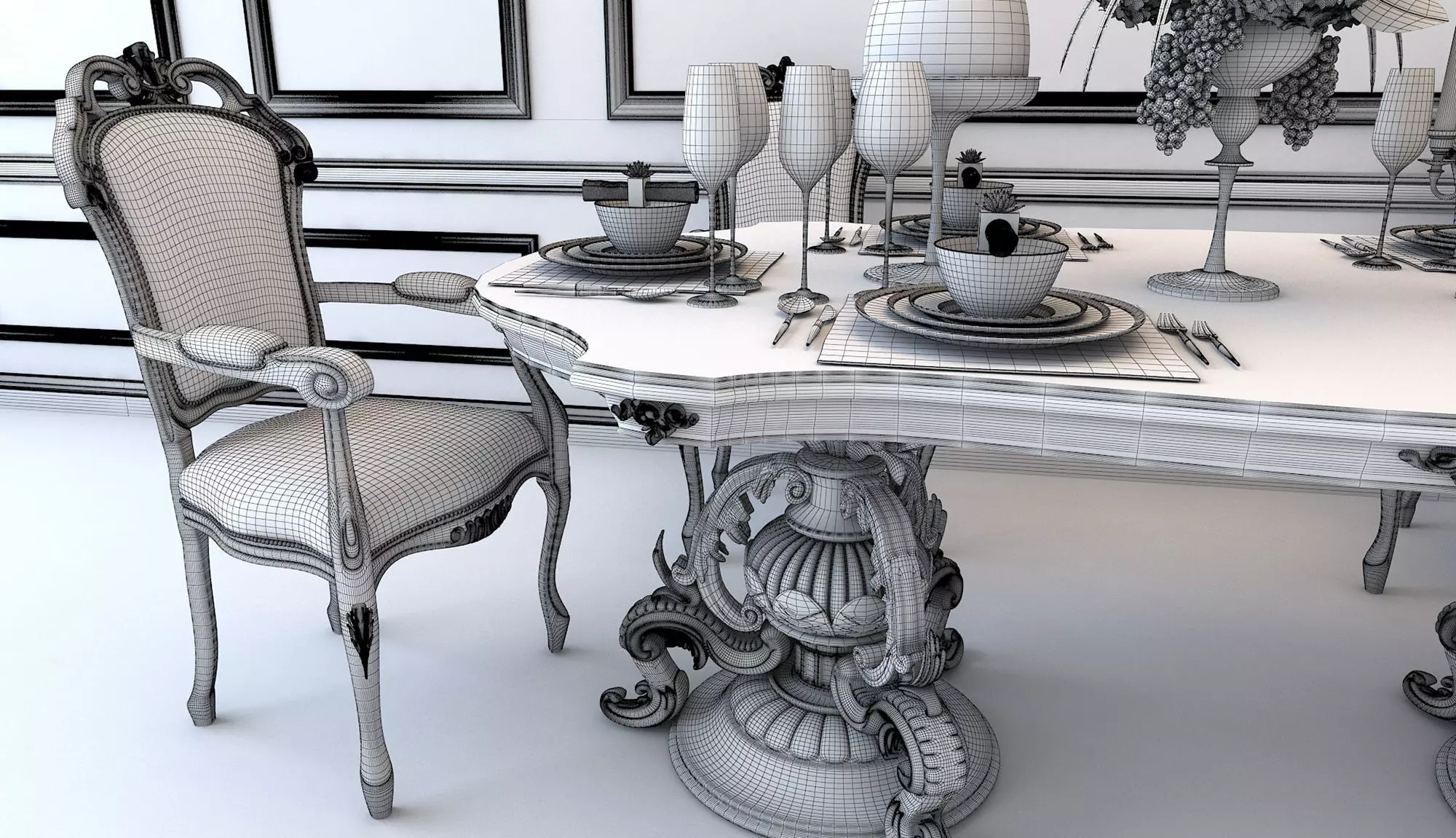 Classic European style Dining Table and Chairs 3D model_7