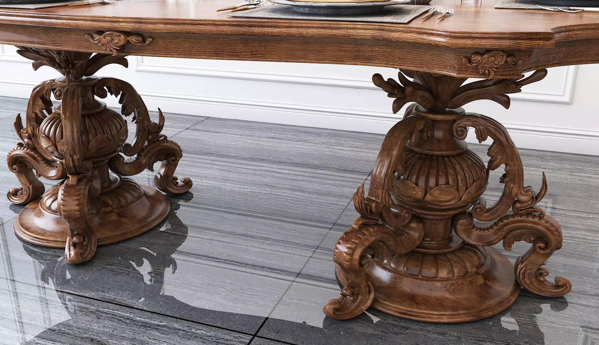 Classic European style Dining Table and Chairs 3D model_4