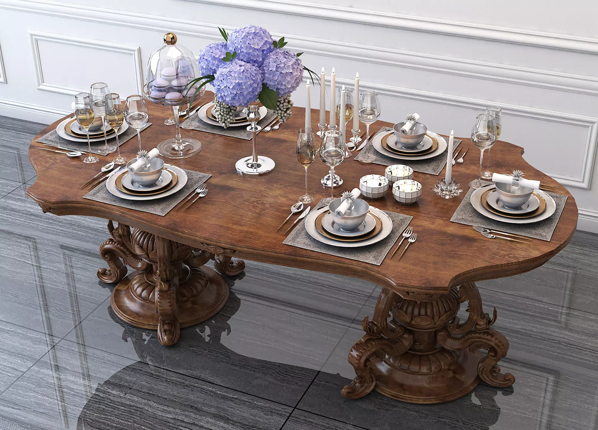 Classic European style Dining Table and Chairs 3D model_2