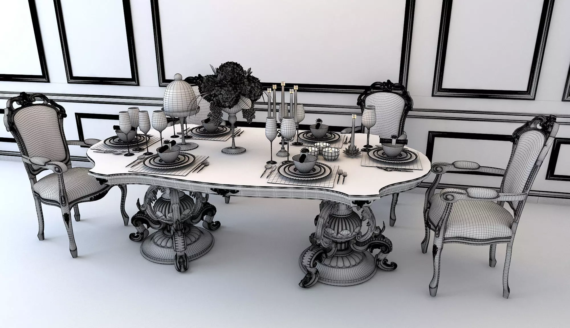 Classic European style Dining Table and Chairs 3D model_6