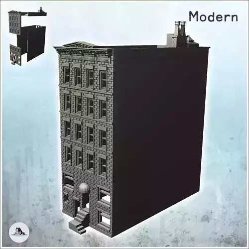 Modern brick building with stairs and small rounded entrance can