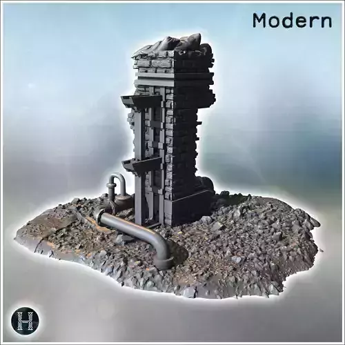 Industrial building ruins with machinery exposed pipes and parti