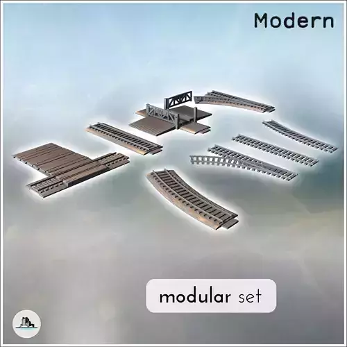 Set of modular railway tracks with curves and level crossings 3 