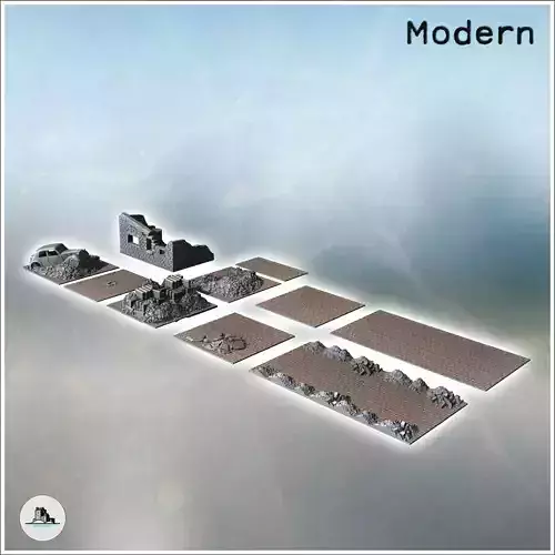 Set of urban ruins with debris car carcass and cobbled street 4 