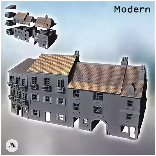 Set of European houses with balconies and arch intact version 1 