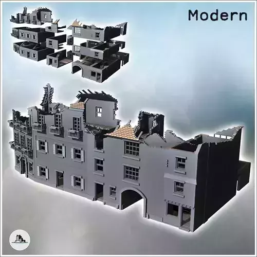 Set of European houses with balconies and arch ruined version 2 