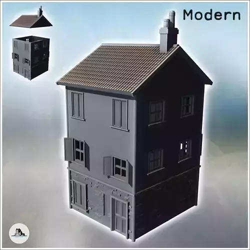 Modern two-story house with tiled roof and chimney intact versio