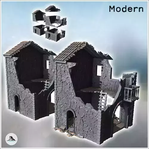Set of two ruined houses with floors access ladder and balcony 5