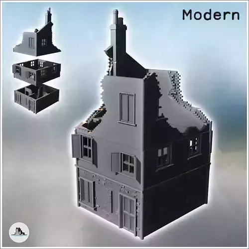 Modern two-story house with tiled roof and chimney ruined versio