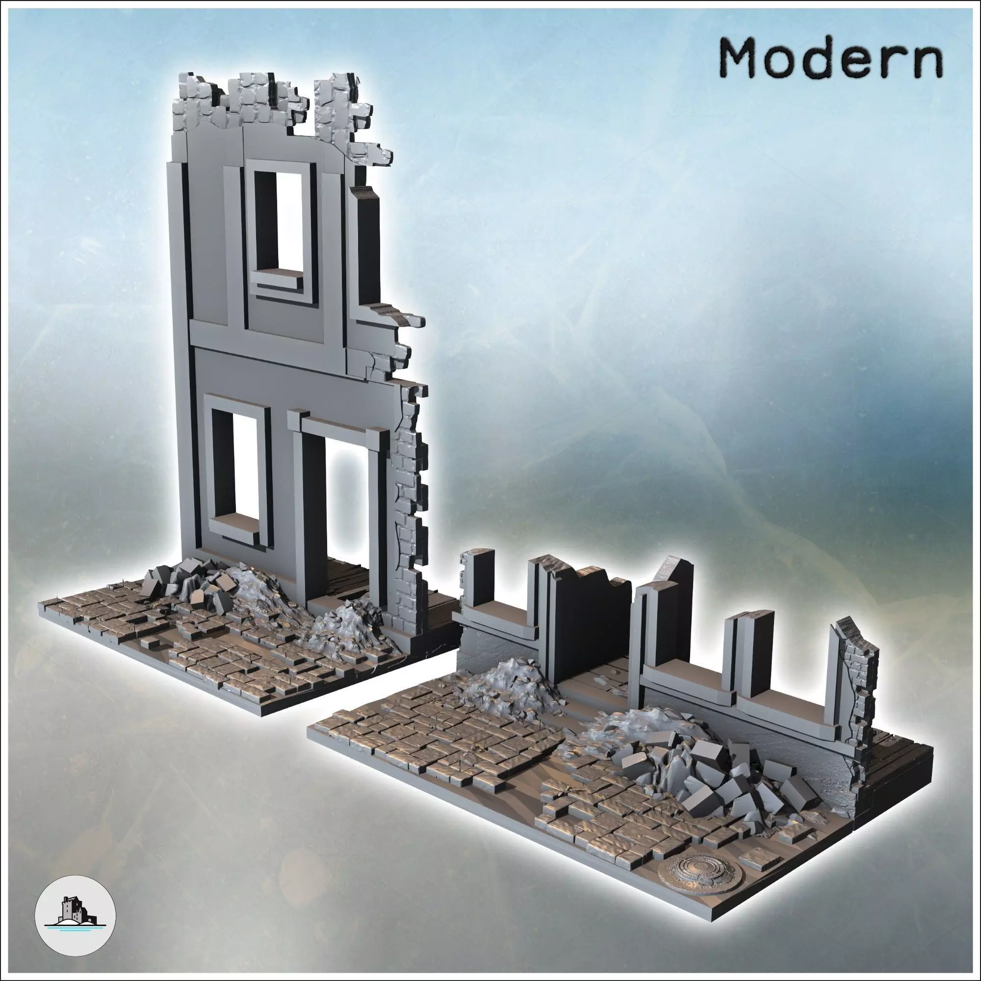 Set of ruined walls with debris on the ground 10 - Modern WW2 WW 3D print model_0