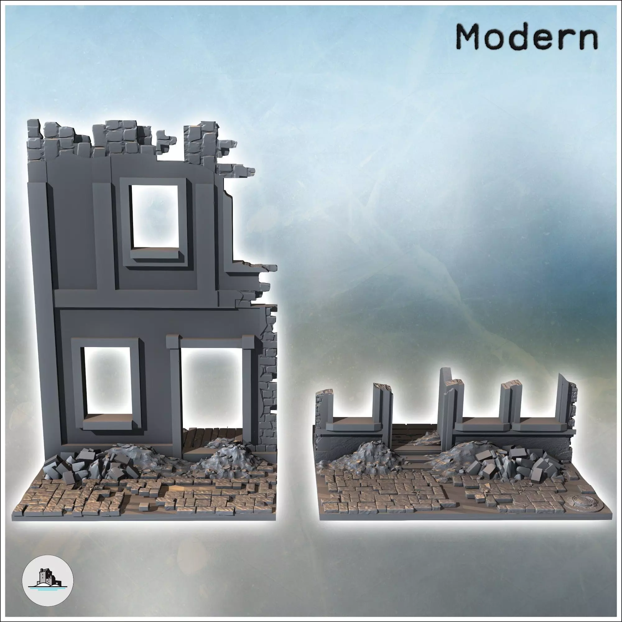 Set of ruined walls with debris on the ground 10 - Modern WW2 WW 3D print model_1