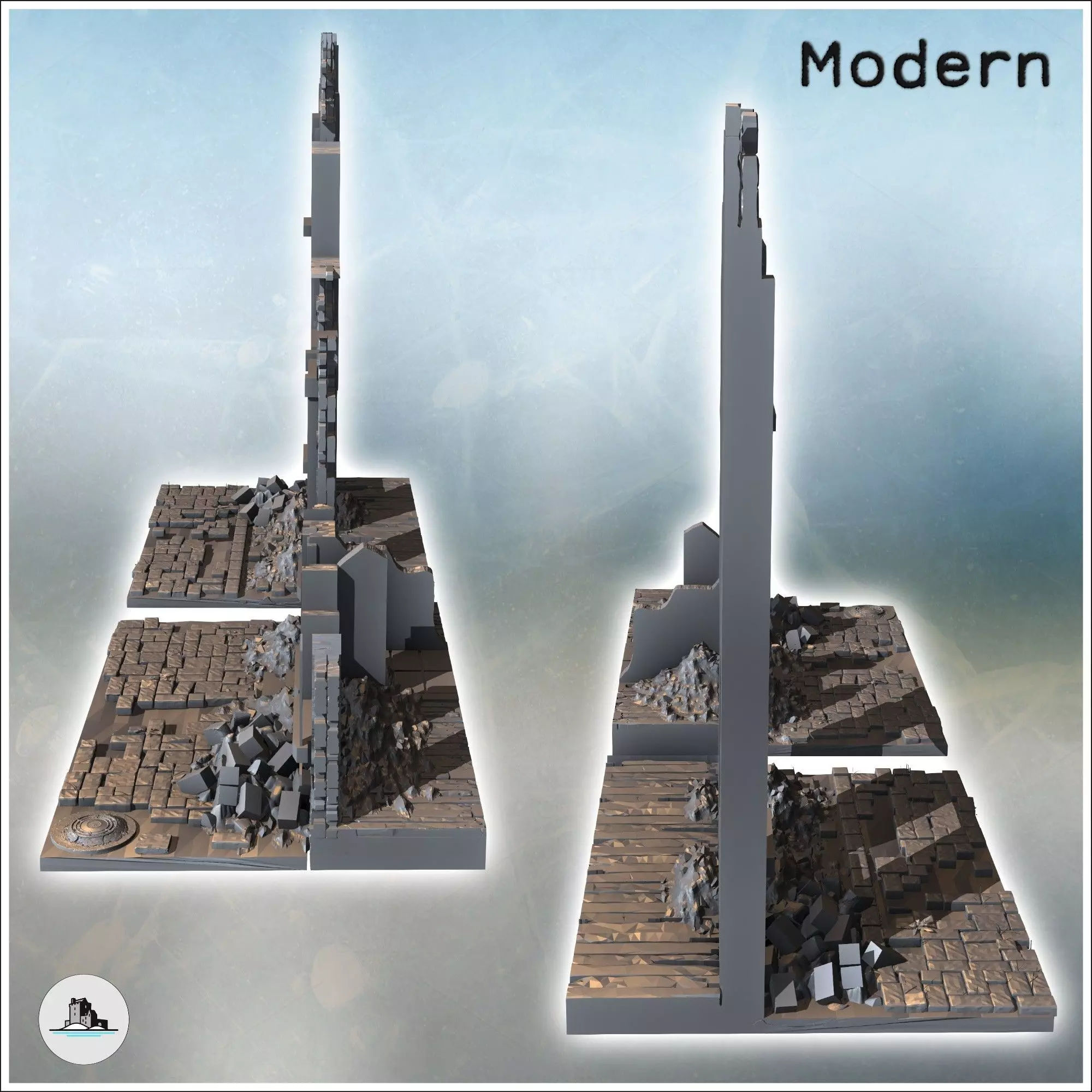 Set of ruined walls with debris on the ground 10 - Modern WW2 WW 3D print model_2