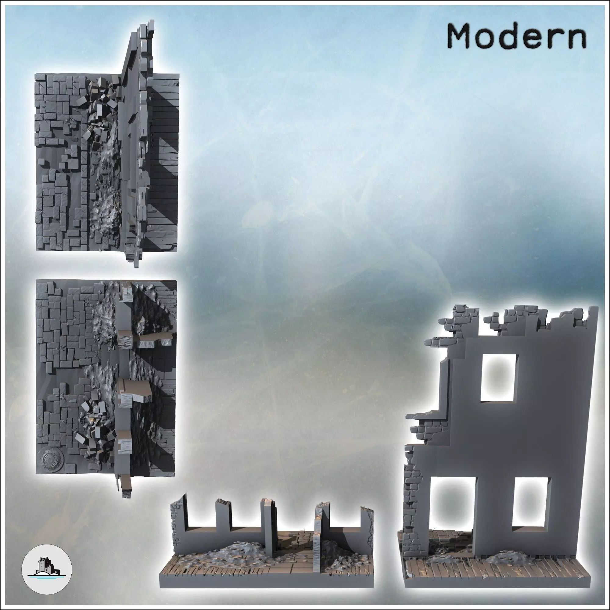 Set of ruined walls with debris on the ground 10 - Modern WW2 WW 3D print model_3