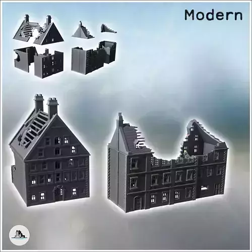 Set of two large modern brick buildings with sloping roofs and d