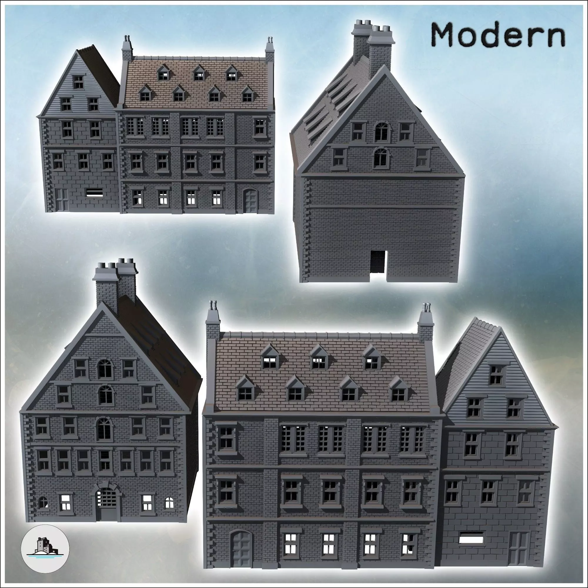 Set of two large modern brick buildings with sloping roofs and d 3D print model_3