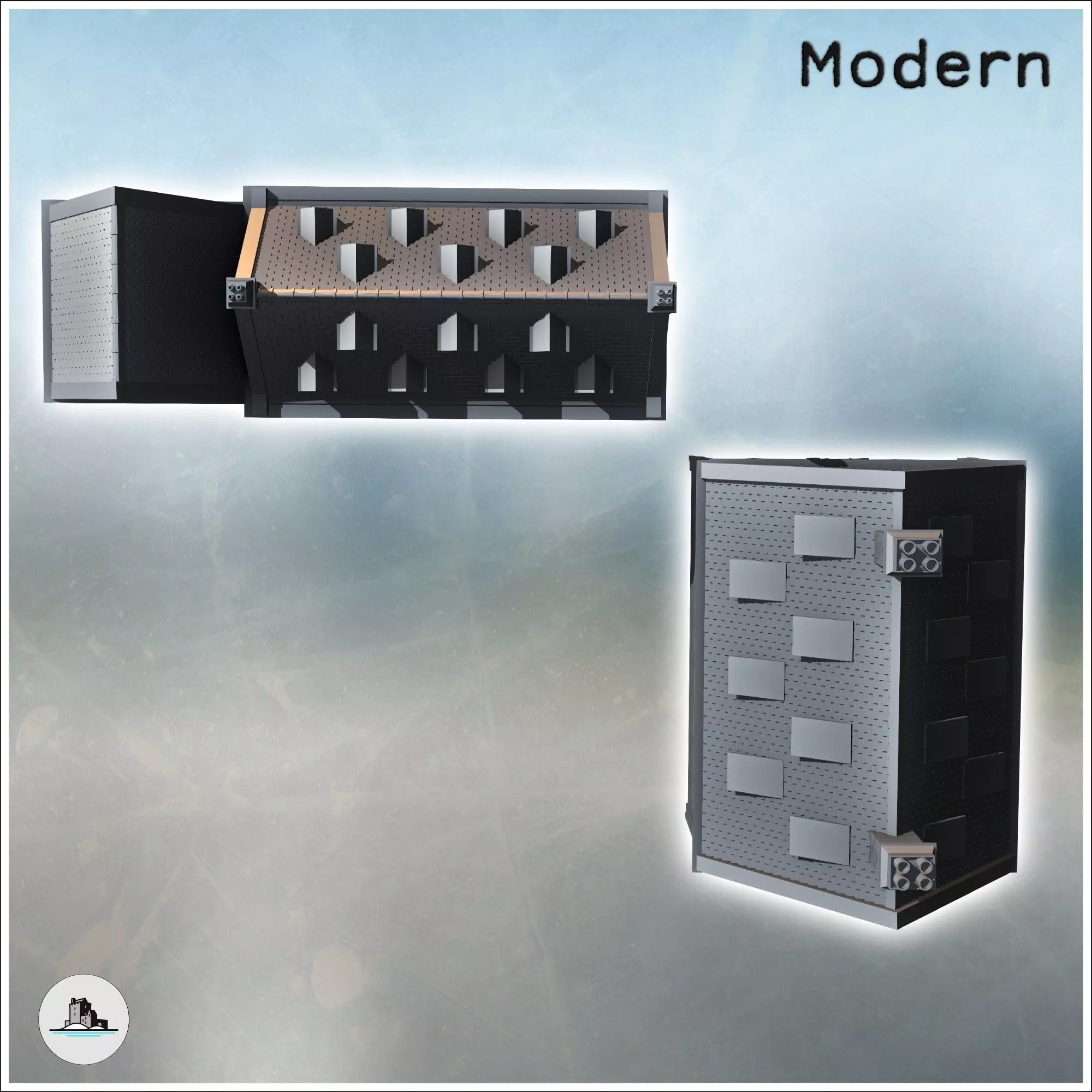 Set of two large modern brick buildings with sloping roofs and d 3D print model_5