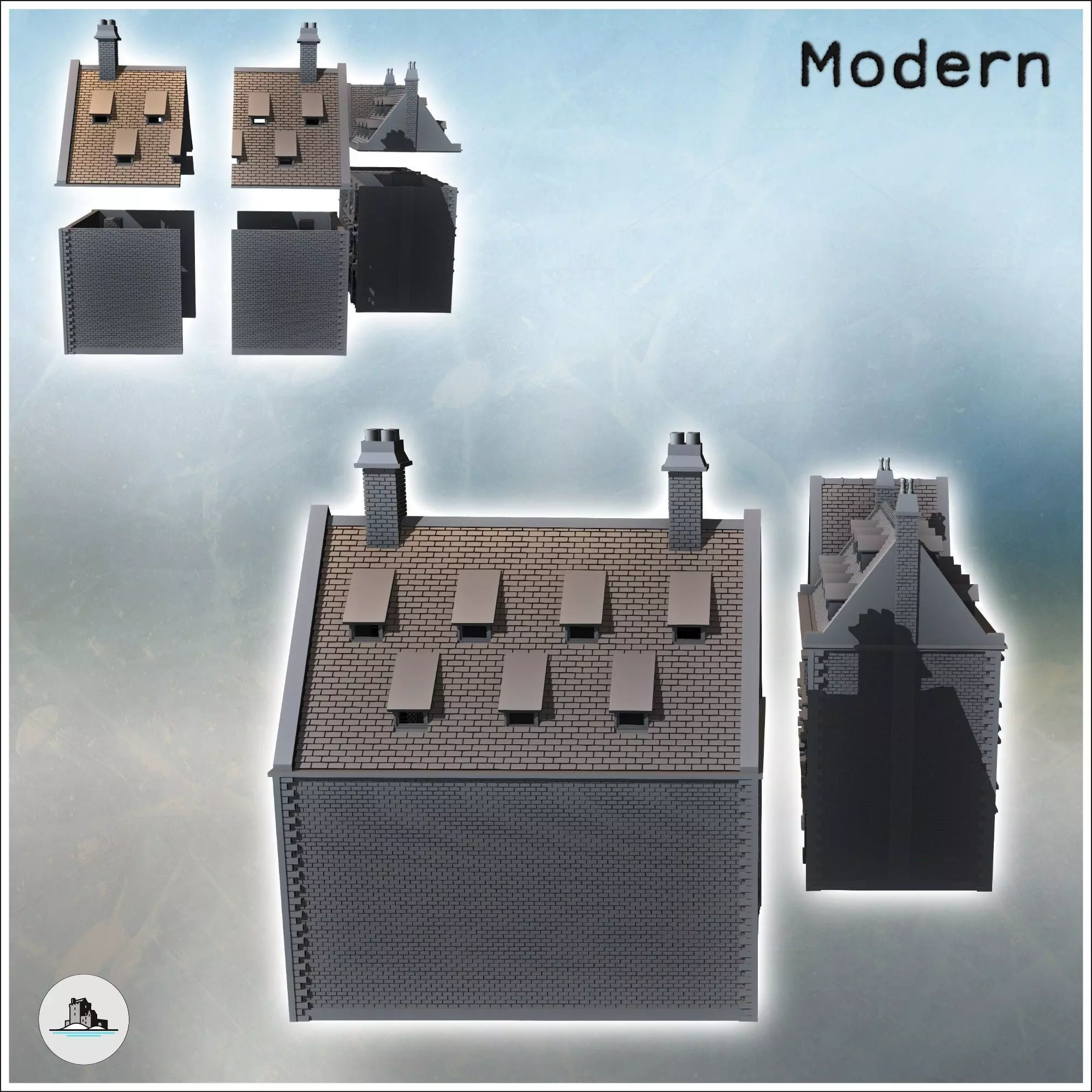 Set of two large modern brick buildings with sloping roofs and d 3D print model_4