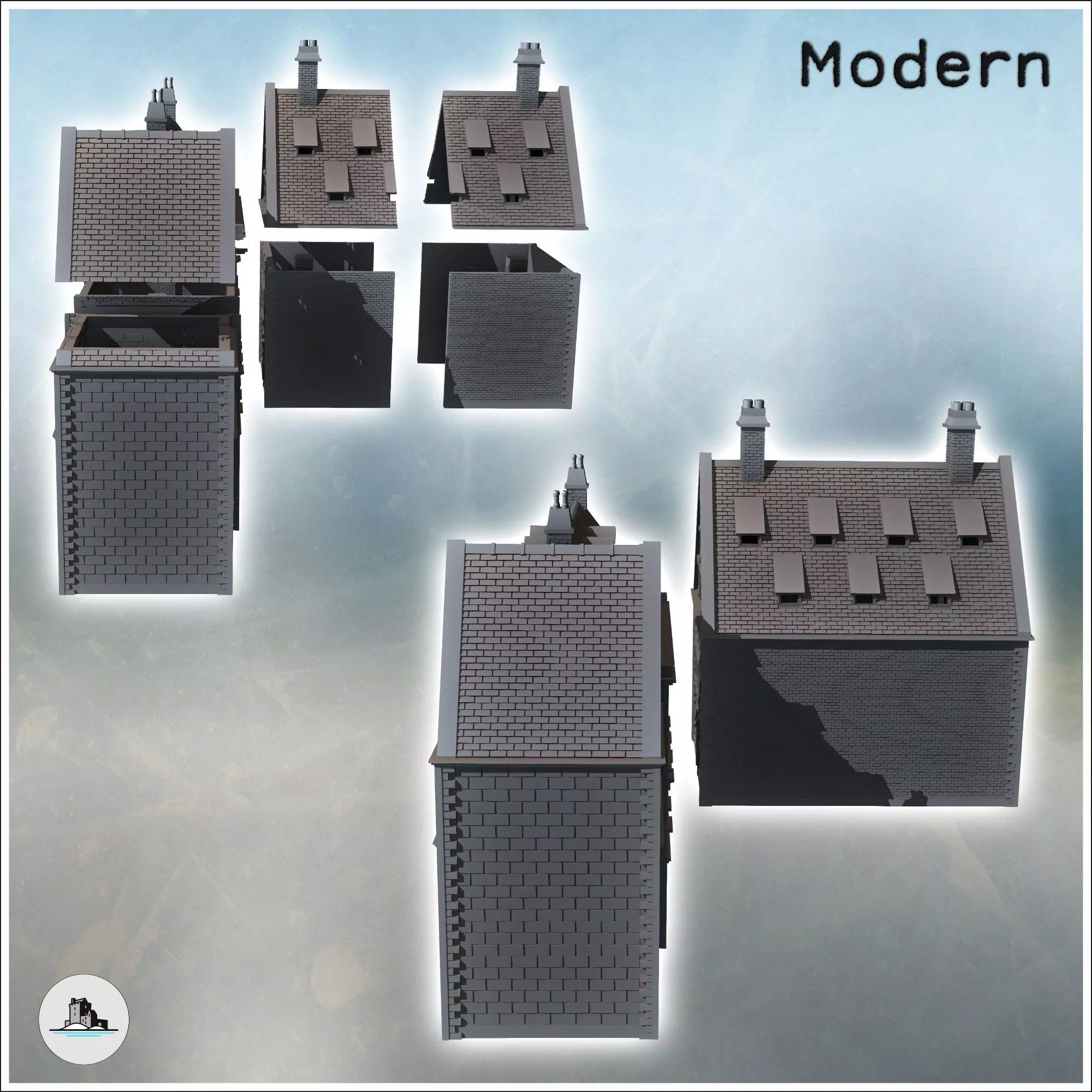 Set of two large modern brick buildings with sloping roofs and d 3D print model_2