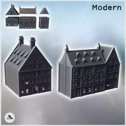 Set of two large modern brick buildings with sloping roofs and d