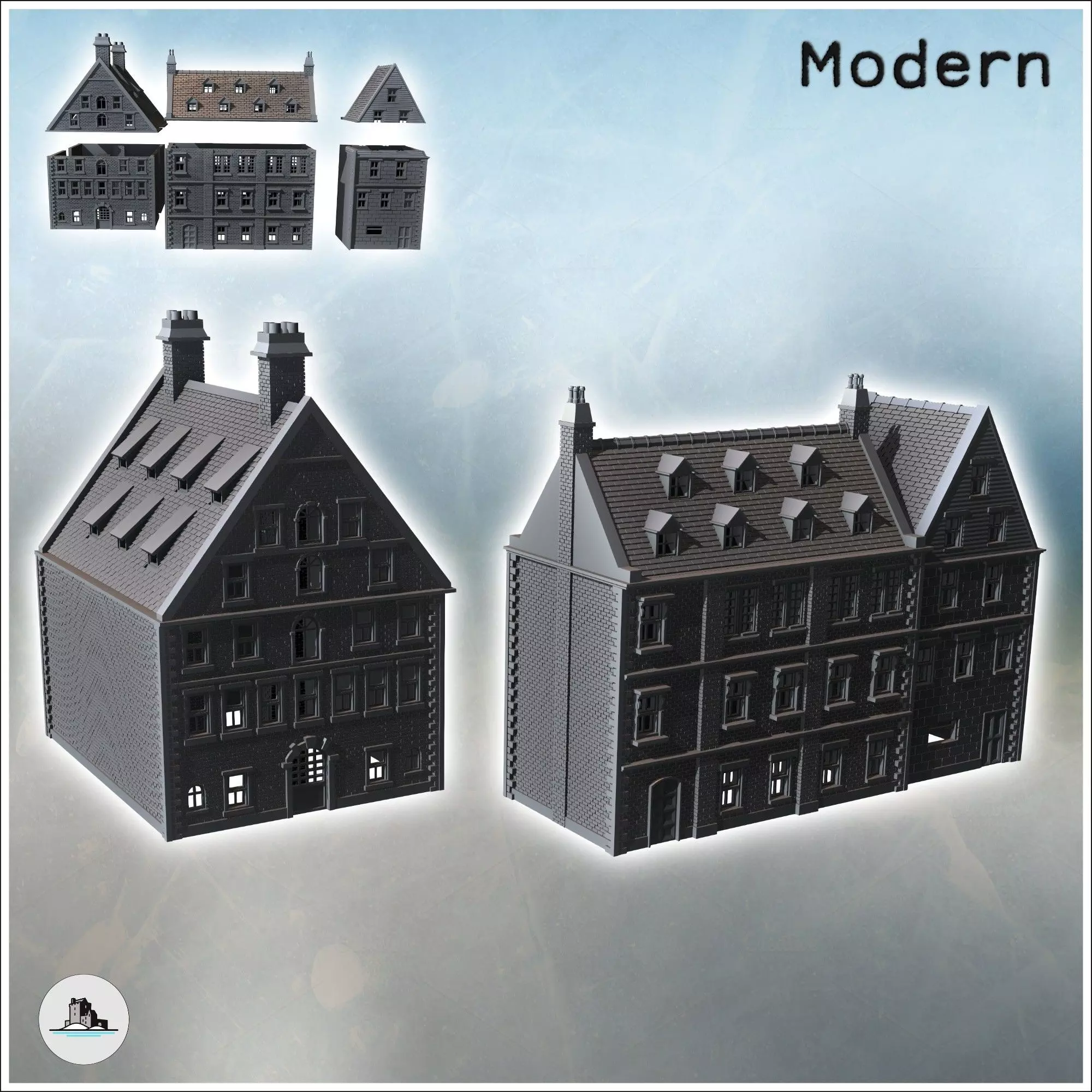 Set of two large modern brick buildings with sloping roofs and d 3D print model_0