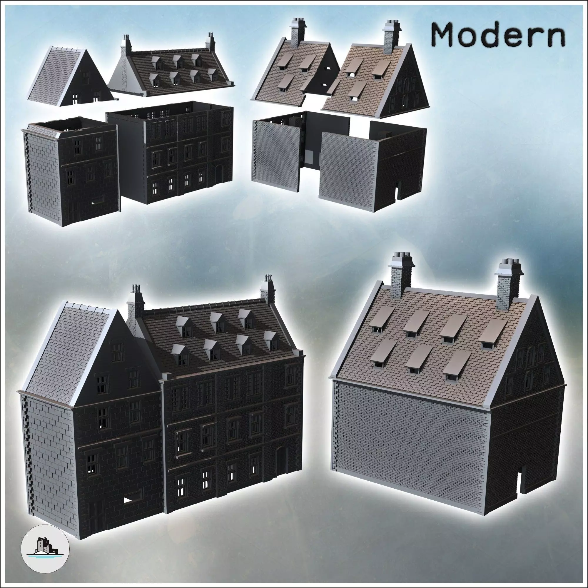 Set of two large modern brick buildings with sloping roofs and d 3D print model_1