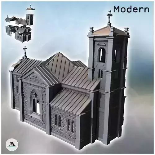 Modern Christian church with steeple stained glass windows and z