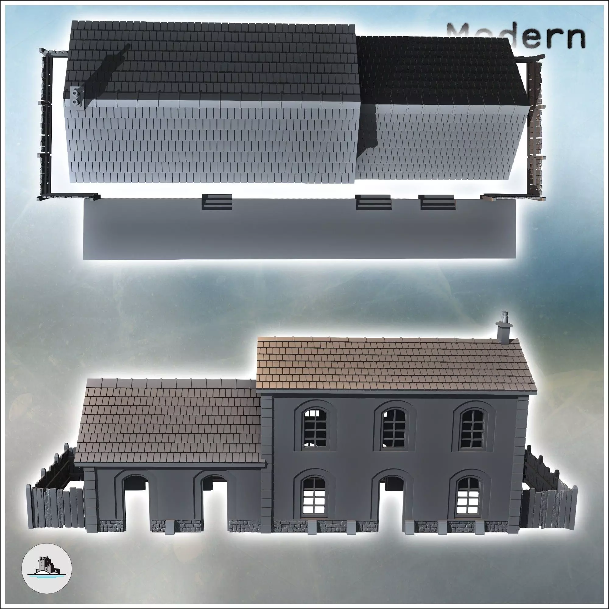Railway station with annex building and wooden fence intact vers 3D print model_3