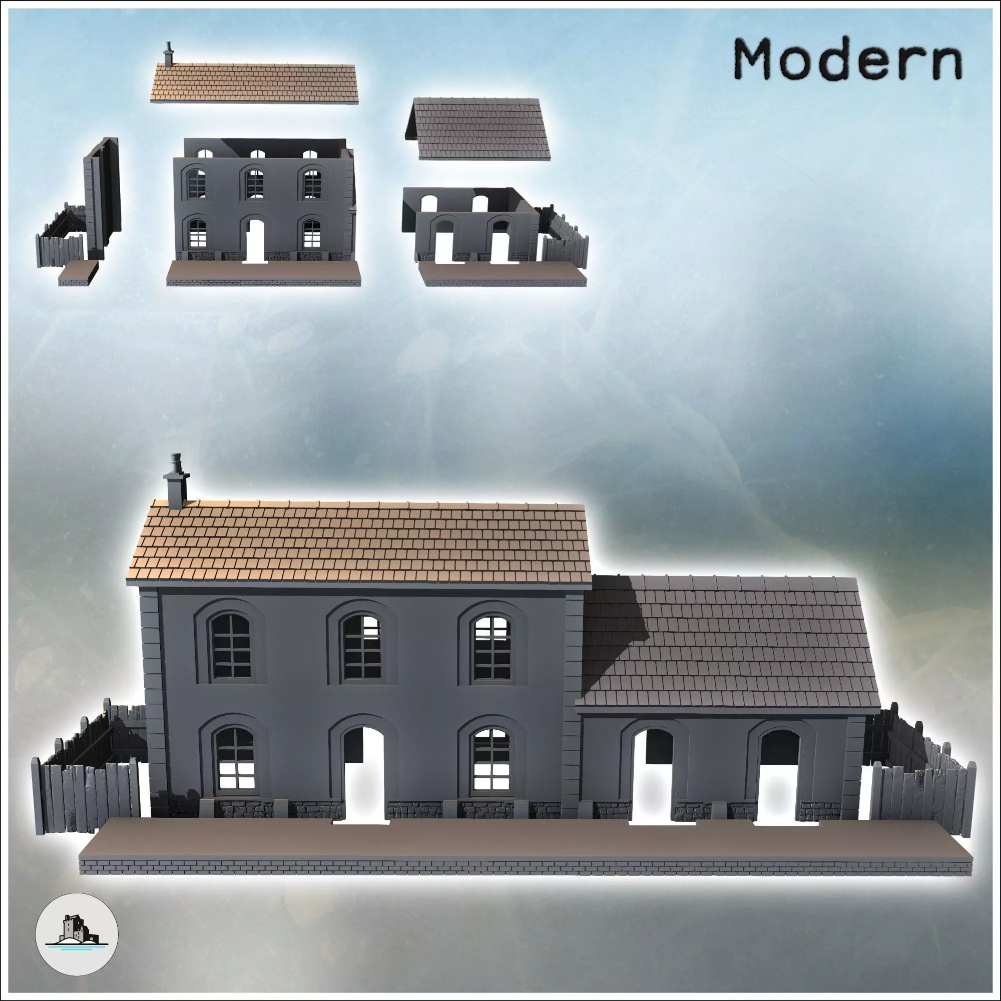 Railway station with annex building and wooden fence intact vers 3D print model_1