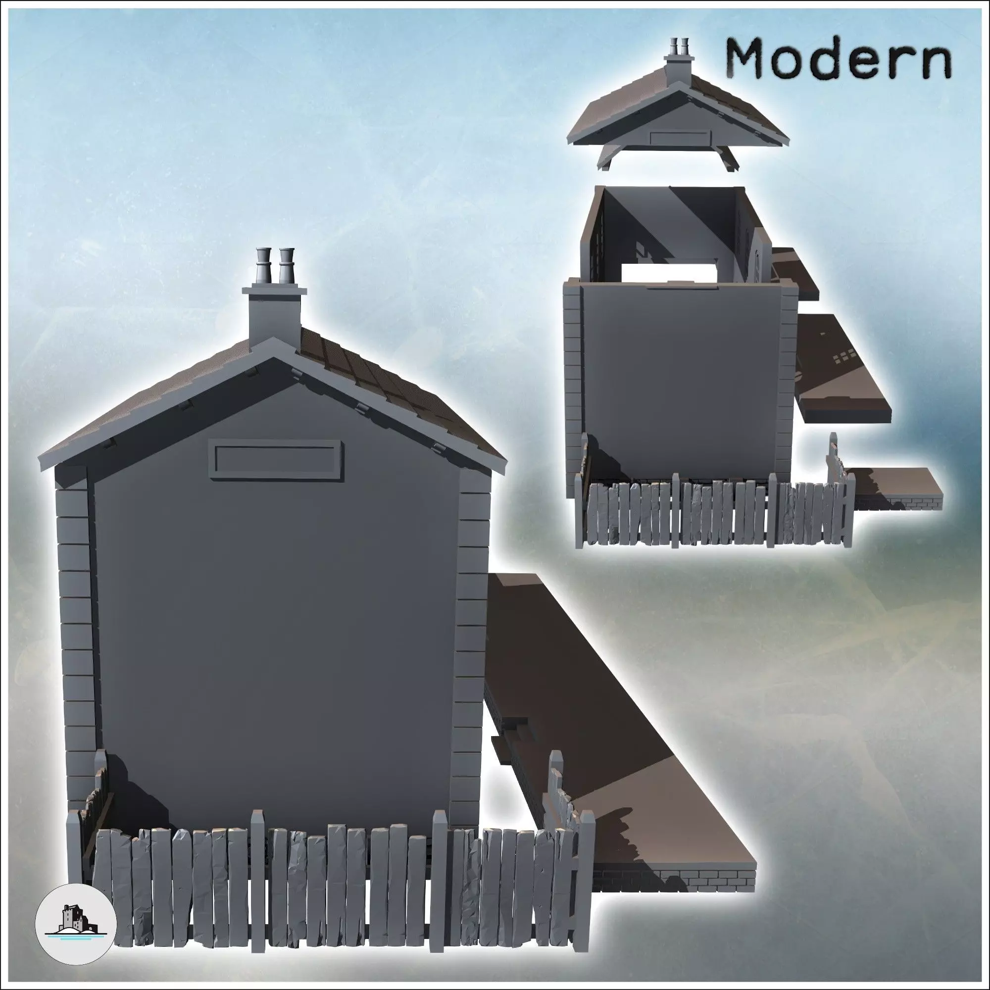 Railway station with annex building and wooden fence intact vers 3D print model_2