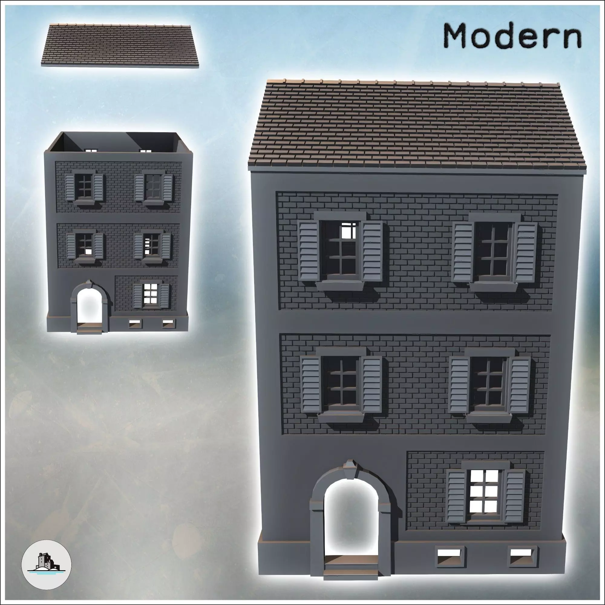 Square brick building with shuttered windows and two floors inta 3D print model_1