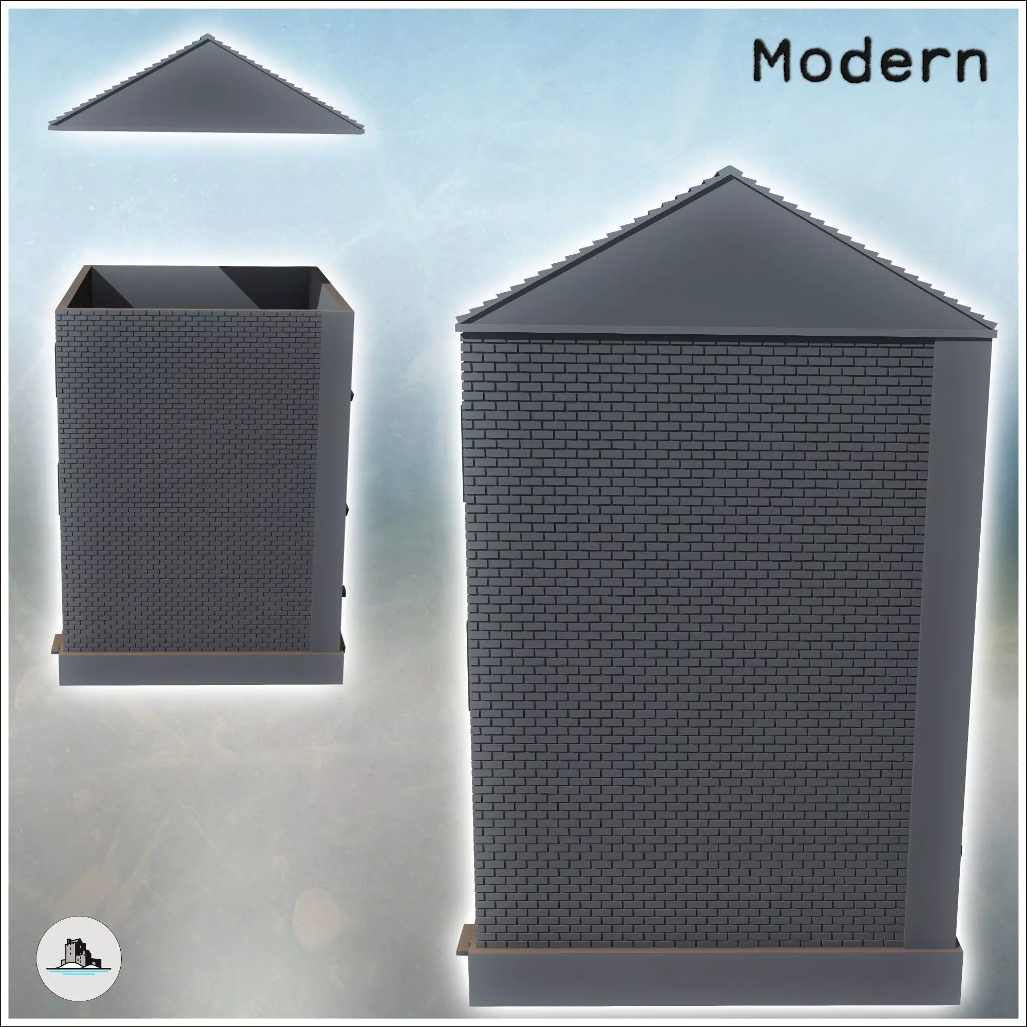 Square brick building with shuttered windows and two floors inta 3D print model_2